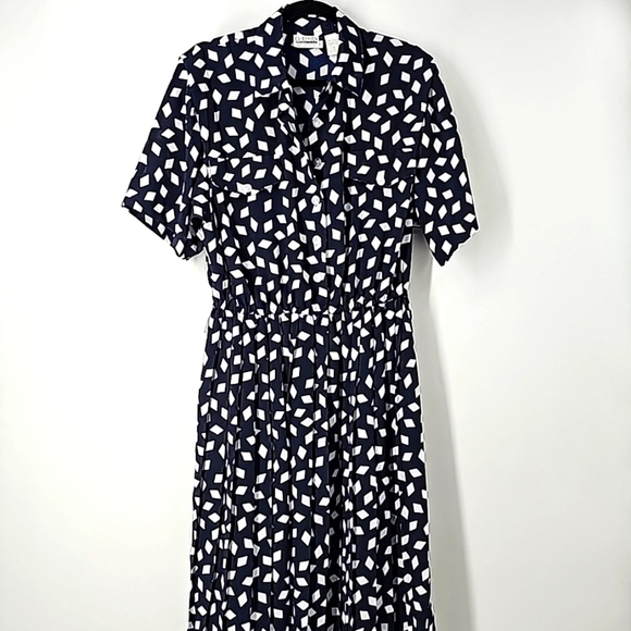 Vintage Leslie Fay Pleated Flowy Shirt Dress Diamond Fabric+Faux Pockets - Picture 15 of 17